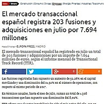 El mercado transaccional espaol registra 203 fusiones y adquisiciones en julio por 7.694 millones